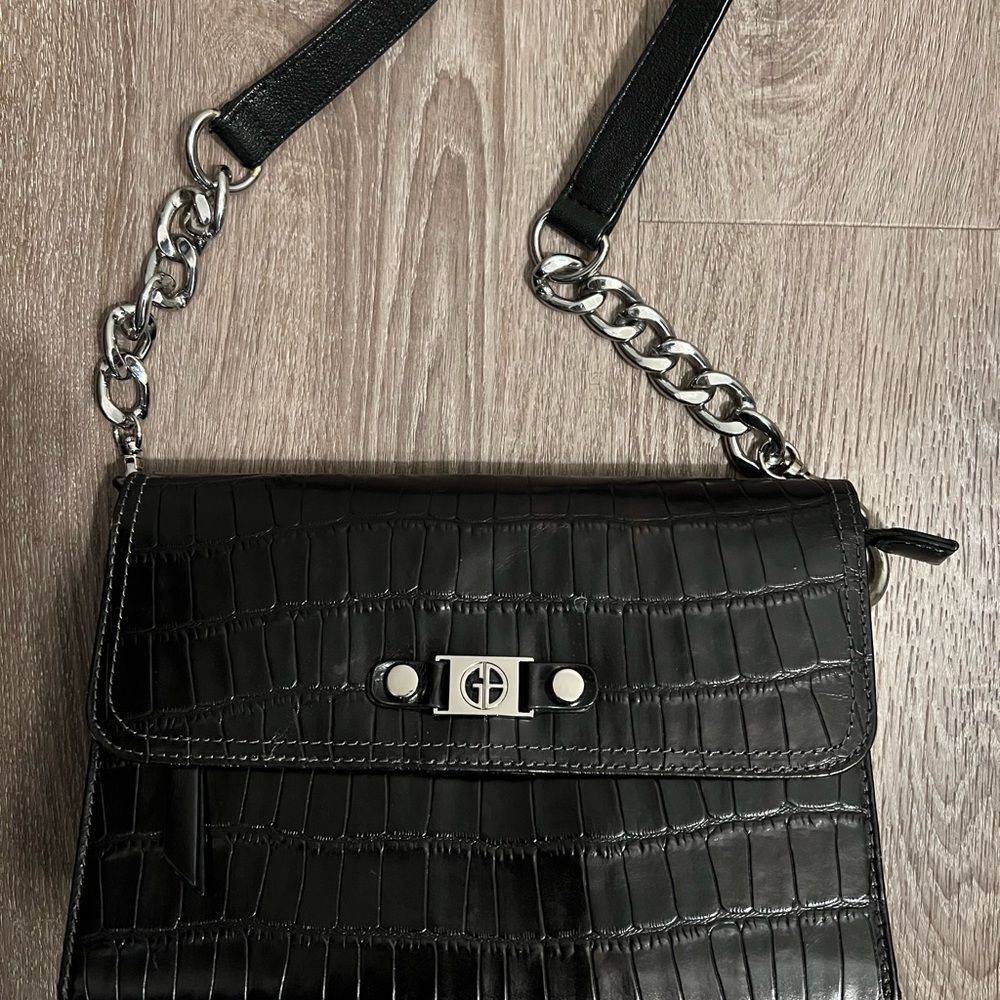 Black patent leather croc print handbag